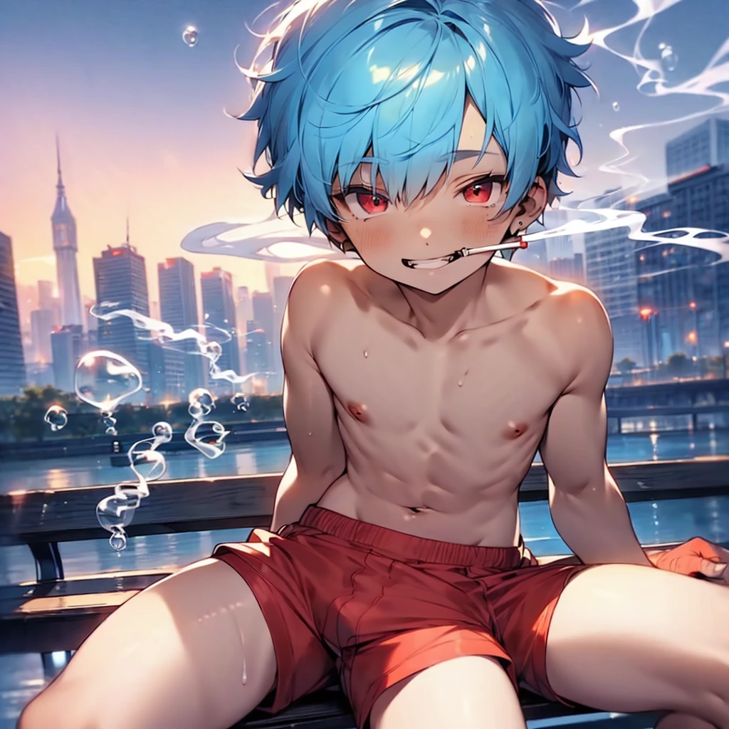 (solo:2), (boldline:-1.8), (smoking:1.6), (((bubble))), (sitting on bench:1.5), (spread legs:1.5), (((fang))), (((best finger))), BREAK (best quality:1.5), (absolutely resolution:1.5), (ultra detailed:1.5), (masterpiece:1.5), (perfect face), (detailed face), (detailed eyes), (best eyes), (cute face), (shota:2), BREAK (topless:1.5), BREAK (red short pants:1.5), (bulge:1.6), (skinny:1.3), (spiked hair), BREAK (light blue hair:1.5), (wine red eyes:1.4), (eyes with highlight:1.6), ((mole under eye)), (sweaty skin), (light skin), (grin:1.5), ((earrings)), (shiny skin:1.3), BREAK (garden), (building:1.5), (at twilight:1.5), ((wind blowing)), ((nipple)), (abs), (groin),