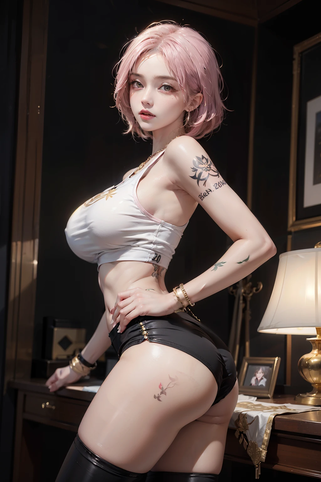 Women, early 20s, short silky pink hair with yellow tips, gold armlet, gold bracelet, golden eyes, seductive look, golden hair pinns, golden key necklace, big breast, Inc black tattoo, black thigh highs, shiny skin, side boob, underboob, arm tattoo, belly tattoo, tight clothes, midriff tank top, short shorts, Breast tattoo. Thigh tattoo. Tattoo on the thighs, ass tattoo.