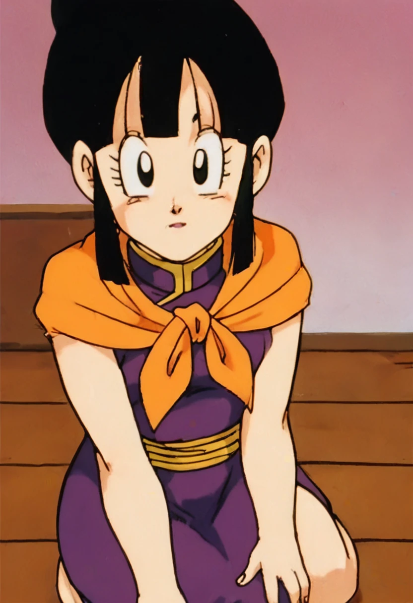 chi-chi, selfie, kneeling, bangs, black hair, sidelocks, hair bun, black eyes, single hair, on the floor, front view, purple dress, retro style, looking at viewer, sitting, orange cape, room, from above, dick flash, foreskin