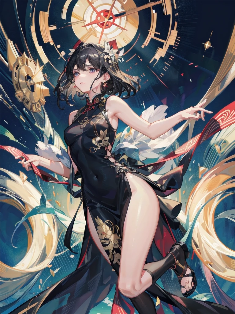 absurdres, RAW photo, extremely delicate and beautiful, masterpiece, Best Quality, ultra high resolution, 32k, hyperrealistic, ultra-detailed, perfect figure, in her 20s, very small head, very small face, delicate facial features, tearful mole, earring, huge breasts, legs, whole body shot, full body shot, medium hair, black hair, cheongsam, sleeveless, deep slit,