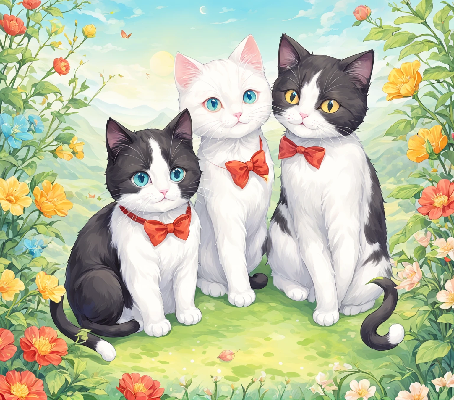 there are two Cat sitting next to each other with a bow tie, illustration of 2 Cat, two Cat, Cat, 一只Cat的插图, Cat设计, cute Cat, Cat , 拟人Cat, 小Cat, meeting of the Cat, By Maki Shira, author:Yunguo Dongyan, CatCatCat, author:Sugimura Jihei