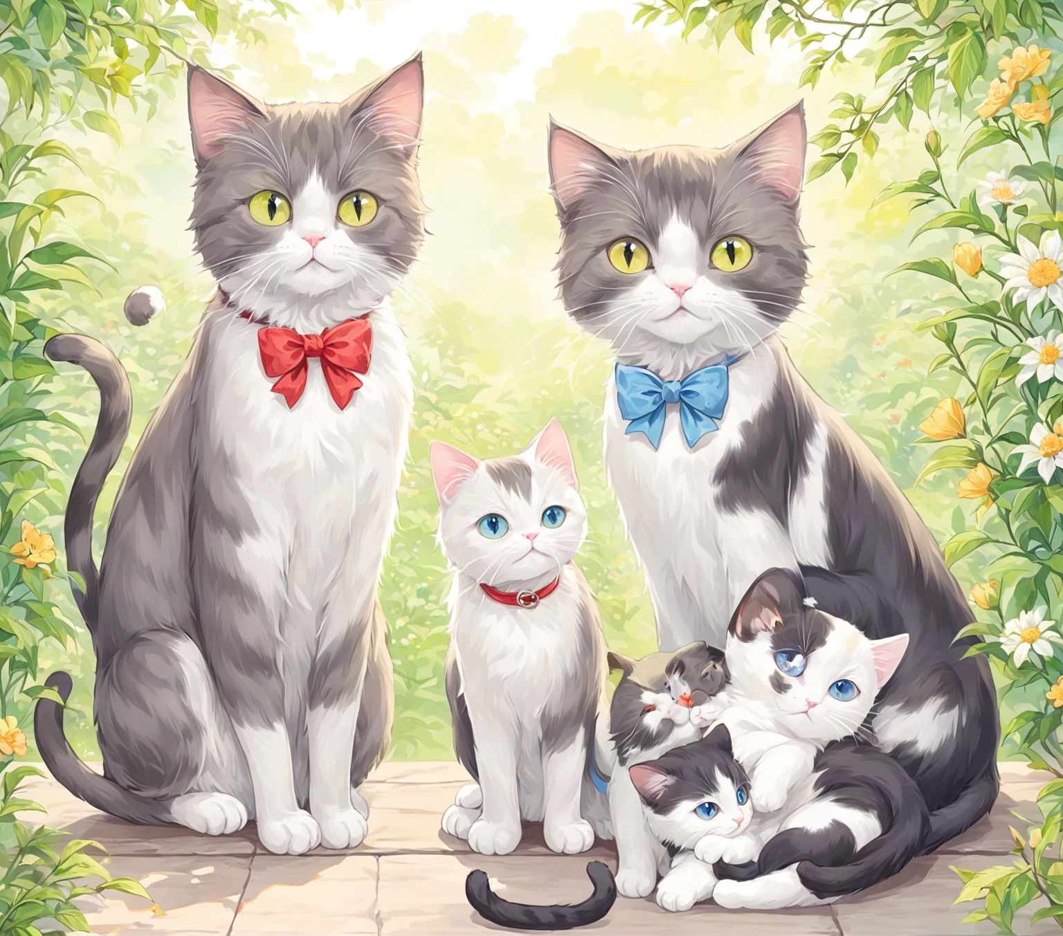 there are two Cat sitting next to each other with a bow tie, illustration of 2 Cat, two Cat, Cat, 一只Cat的插图, Cat设计, cute Cat, Cat , 拟人Cat, 小Cat, meeting of the Cat, By Maki Shira, author：Yunguo Dongyan, CatCatCat, author：Sugimura Jihei