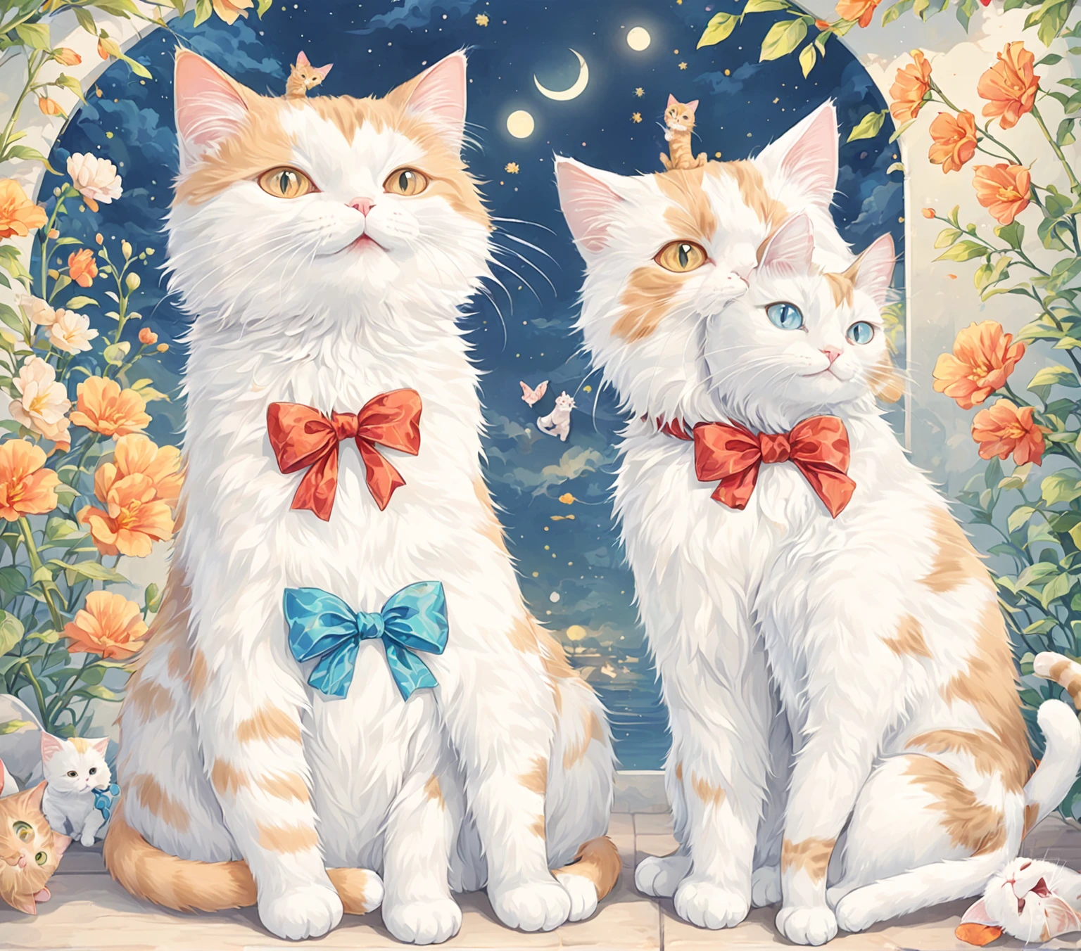 there are two Cat sitting next to each other with a bow tie, illustration of 2 Cat, two Cat, Cat, 一只Cat的插图, Cat设计, cute Cat, Cat , 拟人Cat, 小Cat, meeting of the Cat, By Maki Shira, author:Yunguo Dongyan, CatCatCat, author:Sugimura Jihei