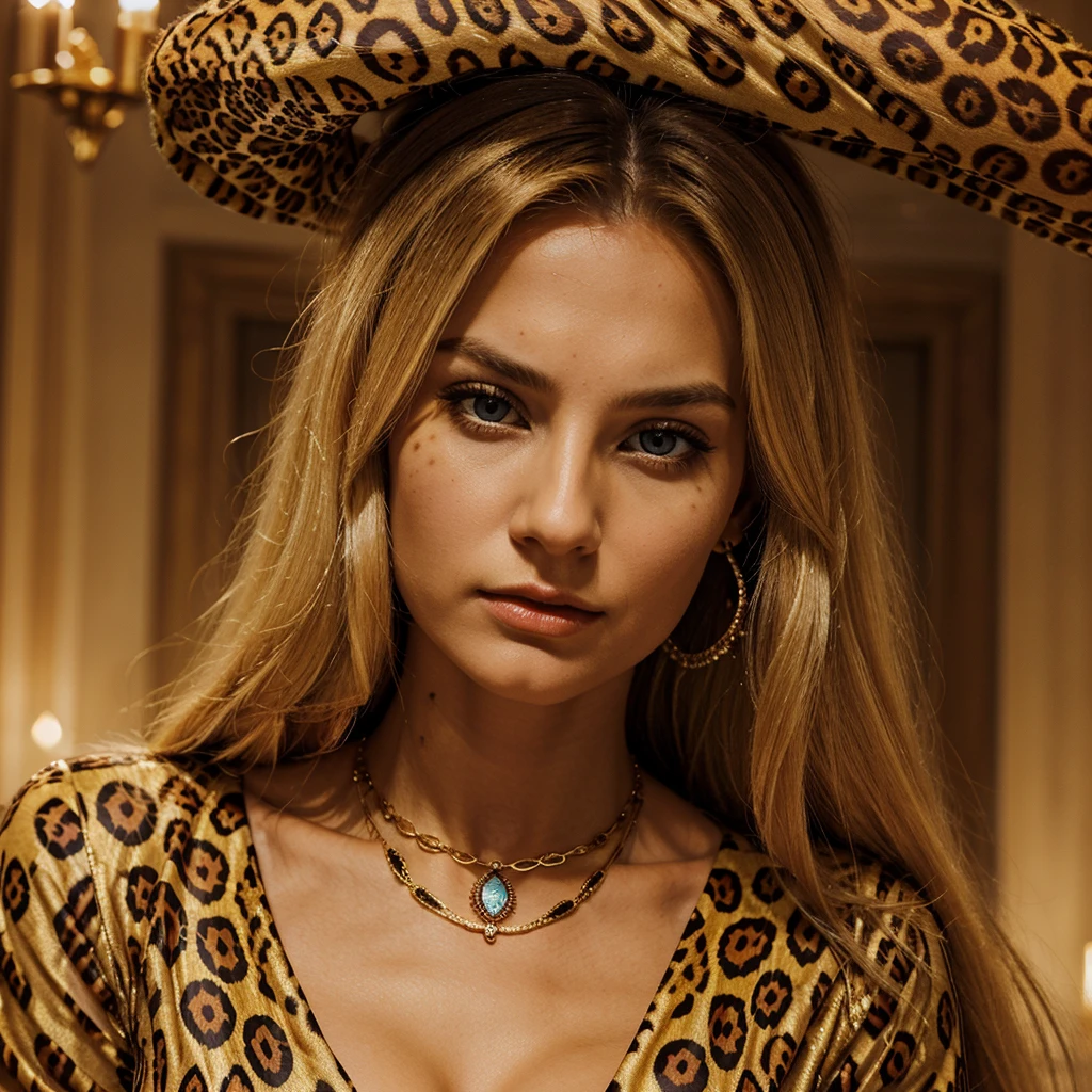 Very beautiful woman with long blond hair wearing a magnificent leopard dress and magnificent jewelry ，sad expression，dim lights，ultra high definition, realistic, head of&#39;artwork