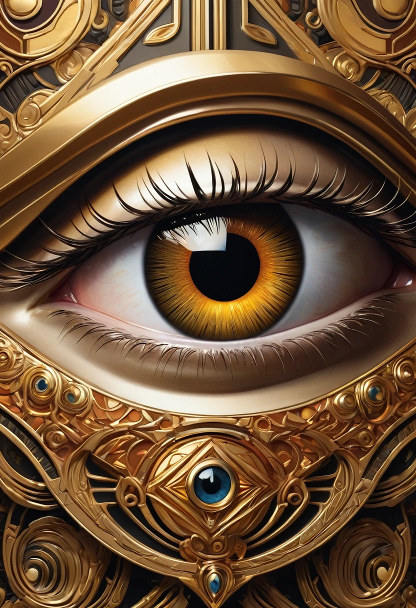 A detailed, hyper-realistic, art deco-inspired digital painting of a close-up eye, highly detailed and precise, with intricate geometric patterns and golden metallic accents, dramatic chiaroscuro lighting, cinematic composition, warm color palette, masterfully rendered