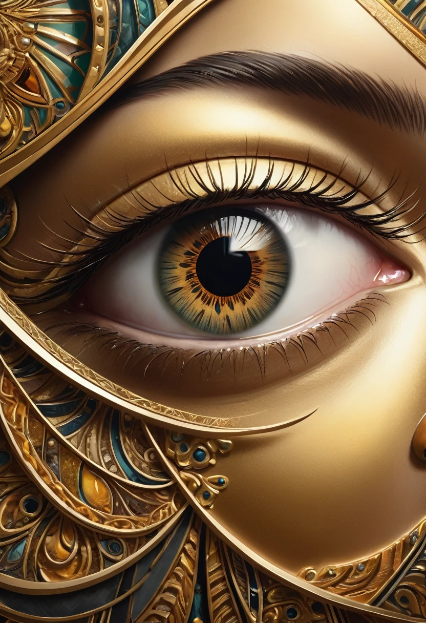 A detailed, hyper-realistic, art deco-inspired digital painting of a close-up eye, highly detailed and precise, with intricate geometric patterns and golden metallic accents, dramatic chiaroscuro lighting, cinematic composition, warm color palette, masterfully rendered