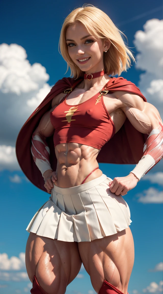 (Muscular:2.5), (thick thighs:2.5),
(blonde female:1.4), supergirl, (big smile:1.6), (android 18 haircut),
(earrings, lipstick, eyeshadow),
(hard nipples), (small breasts:2),
(small red cape:1.6), (pleated skirt:2), (tanktop, midriff:1.5), (choker),
(looking at viewer:1.8), (three quarter view), (upper body view:1.9), lowlegp,
(floating in midair, sky and clouds background:1.3), rim lighting, two tone lighting, dim lighting, bokeh, detailed skin, detailed eyes