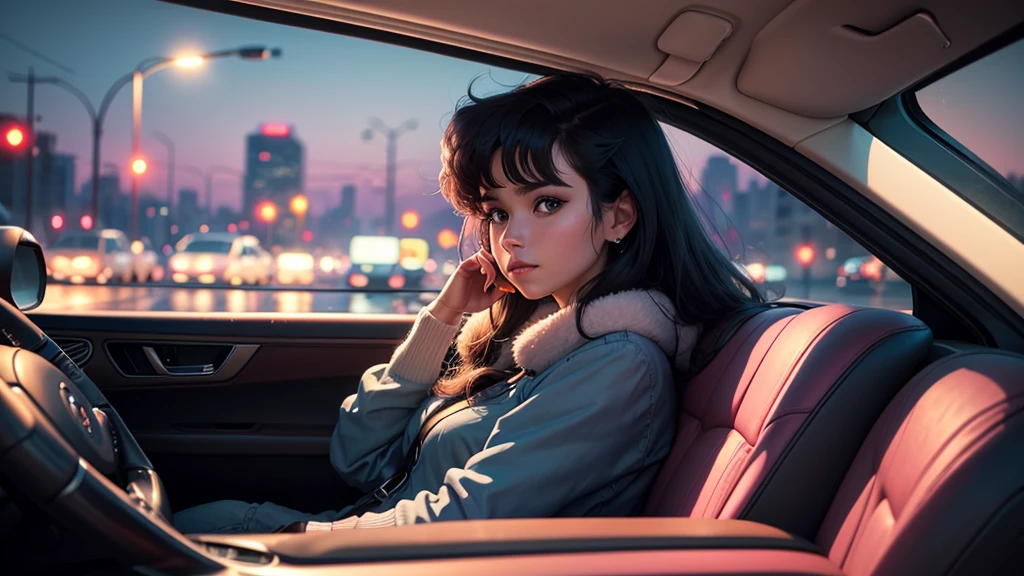 Create an image from the angle inside a car, showing a 80's woman with a thoughtful expression on her face as she gazes out of the side window at the cityscape. The city outside should be visible, illuminated by streetlights and neon signs. Use soft, pastel colors and subtle gradients to capture a dreamy, reflective atmosphere. Ensure the interior of the car feels cozy and comfortable, adding to the overall serene vibe. 80's city pop style.
