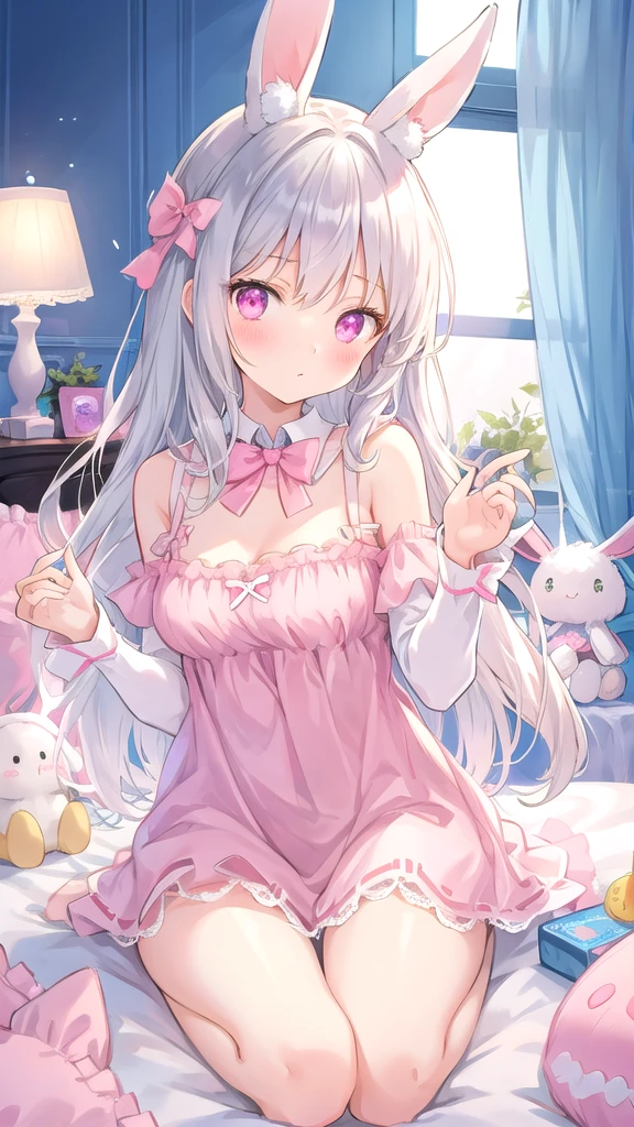 beautiful illustration, best quality, cute girl, bedroom, pastel color, fluffy bunny ears, , silver long hair, rabbit stuffed toy, bright lighting, light pink eyes