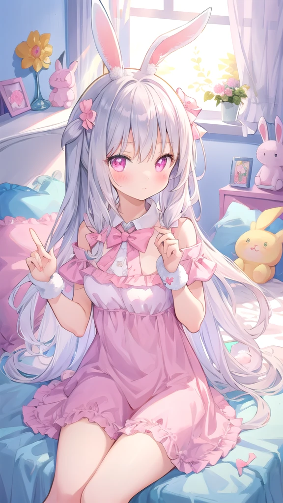 beautiful illustration, best quality, cute girl, bedroom, pastel color, fluffy bunny ears, , silver long hair, rabbit stuffed toy, bright lighting, light pink eyes