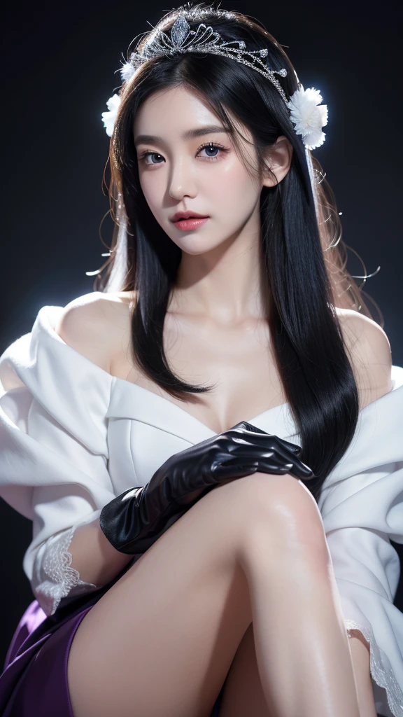 korean,realistic, illustration, final details, photo realistic, intricate details, octane rendering, 8K, 1 girl, whole body, perfect face, pretty face, NSWF, reference, head detail,, black curtsey, black Gloves, black legs, blue eyes, blue hair, curtsey, clavicle, dress, hair sticks, flounce, flounce, Gloves, Gwen, headdress, high resolution, long hair, chapped lips, puff sleeves, purple eyes, laugh, alone, white dress, oily skin,