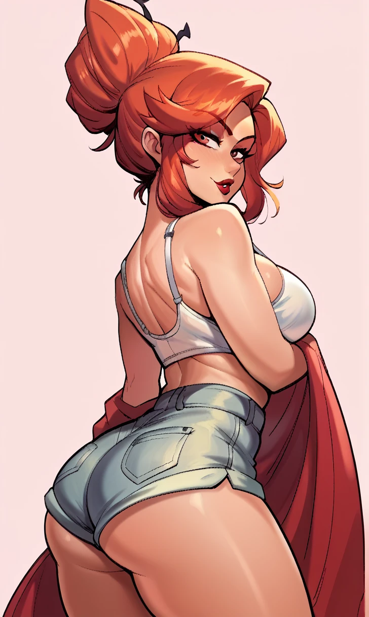 check_9, check_8_up, check_7_up, 1 girl, Simplified background, Asiatic, mafia casual wear, , sunny, beautiful, Hair up to shoulder blades, flirty face, Red lips, sharp eyes, big breasts, big ass, Beautiful eyelashes, cute face, high detail, Hands, seductive face, Good Makeup, red flowing hair, orange beautiful hair, cute face, white top, short shorts