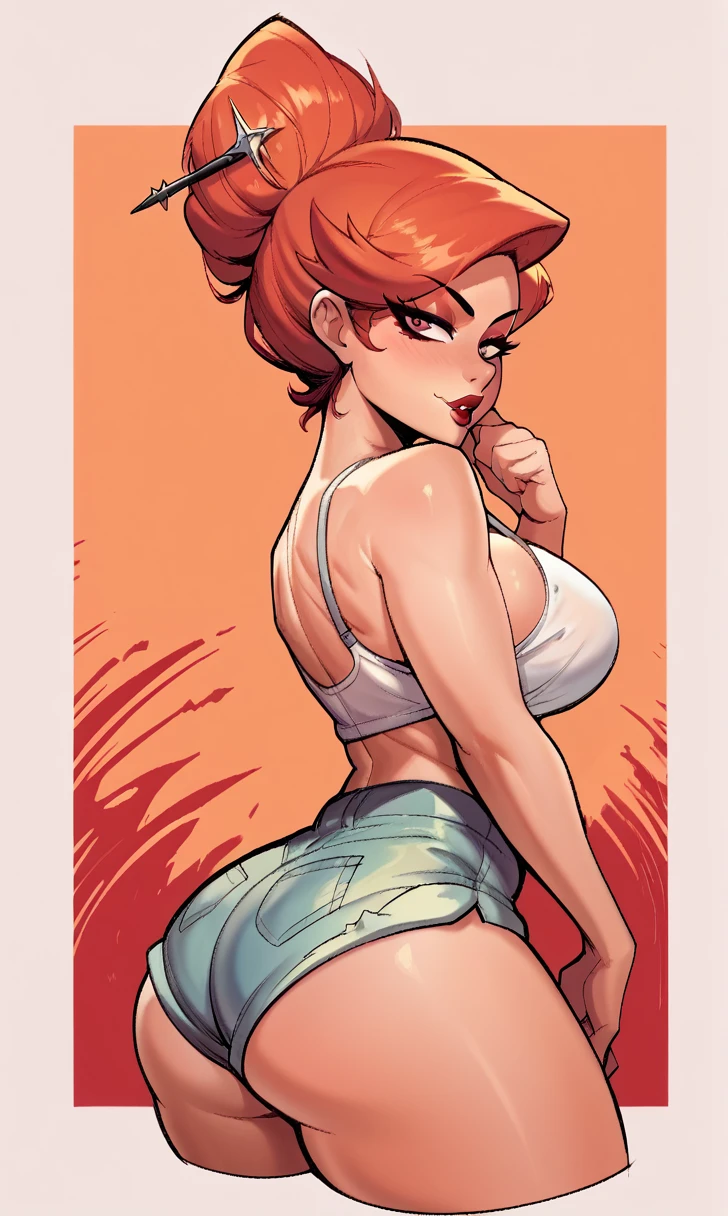 check_9, check_8_up, check_7_up, 1 girl, Simplified background, Asiatic, mafia casual wear, , sunny, beautiful, Hair up to shoulder blades, flirty face, Red lips, sharp eyes, big breasts, big ass, Beautiful eyelashes, cute face, high detail, Hands, seductive face, Good Makeup, red flowing hair, orange beautiful hair, cute face, white top, short shorts