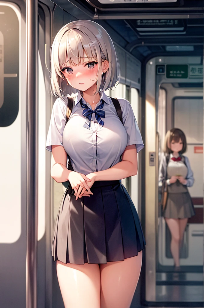 high resolution、high quality、Beautiful woman with her breasts visible through her shirt、Big 、Beautiful woman holding a strap on a train、Bobcut、Very embarrassed、Beige silver hair、Sweaty、adult、indoor、Student Uniform、high school girl、Thighs、Very short skirt、White Shirt、A shirt that looks like it&#39;s about to burst with 、pants、Waistline