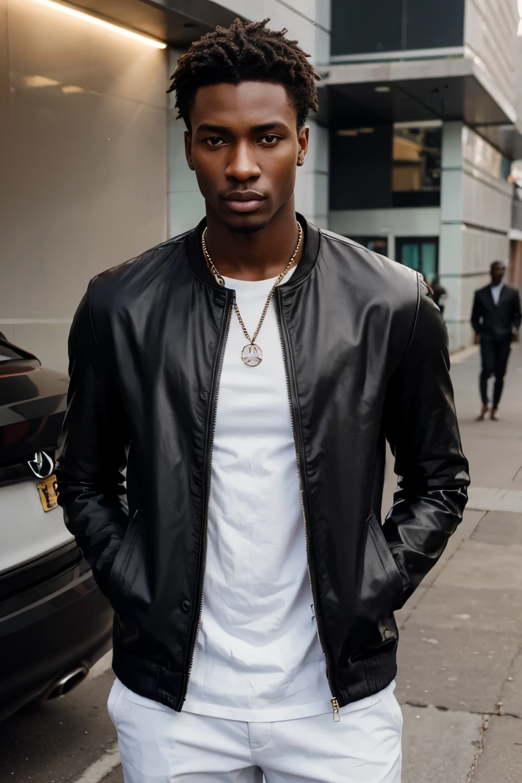 Create a realistic depiction of a 25 year old tall, handsome African bad boy dressed in modern-day clothes. He should be standing beside a Mercedes."