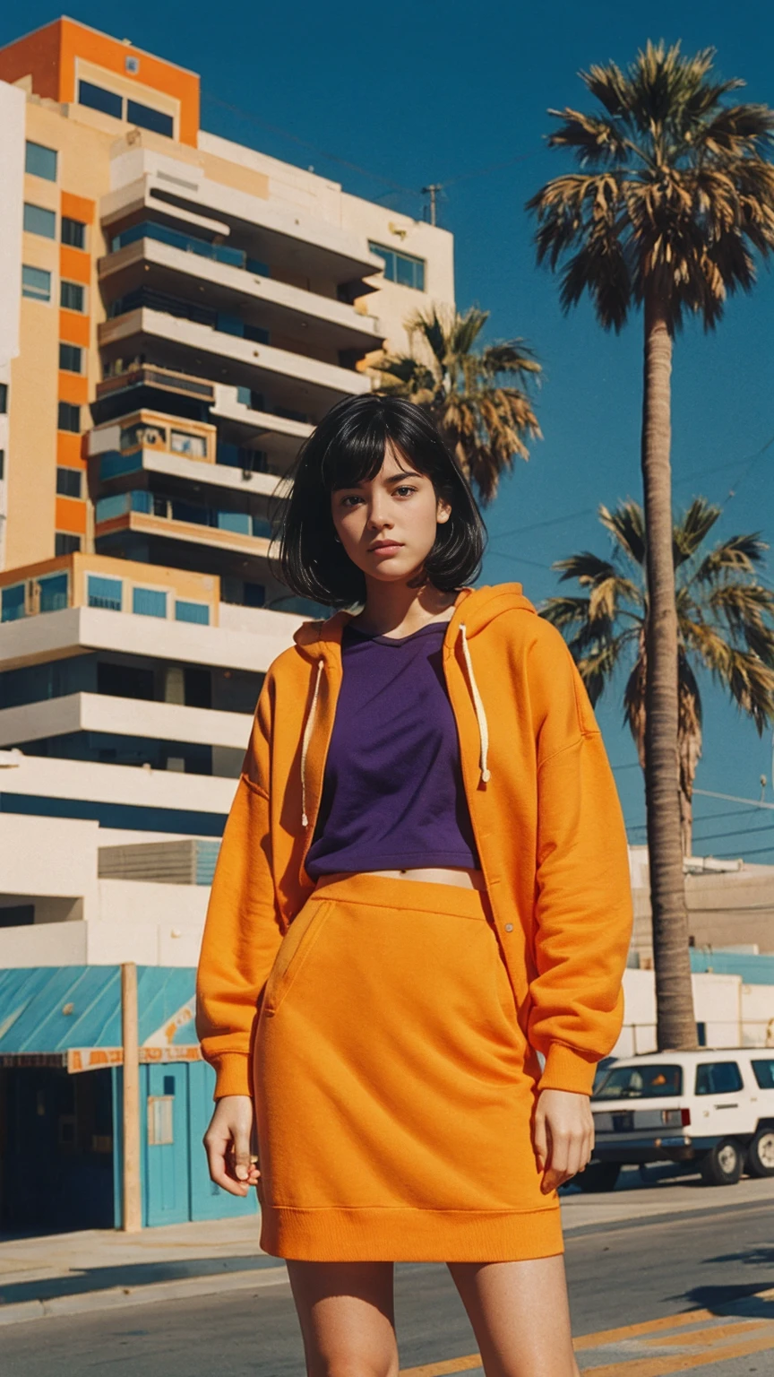 analog film photo cinematic photograph long shot portraits by Wes Anderson, cute 23 yo girl ,fokus, bokeh ,wear ((orange color oversized_hoodie)), wear ((purple tennis skirt)),looking front,Best Quality,Masterpiece,Ultra High Resolution,(Realisticity:1.4),Original Photo, 1Girl, light leak,ultra high resolution,UHD,beautiful, (black bob hair), almond eye, no makeup, in front of (80's mondrian architecture motel), (realistic:1.2), (surreal:1.3), (very detailed:1.1), ((masterpiece)),summer, blue sky, palm trees,sunny, los angles vibes,film camera, 800mm lens,style of Philip Lorca diCorcia