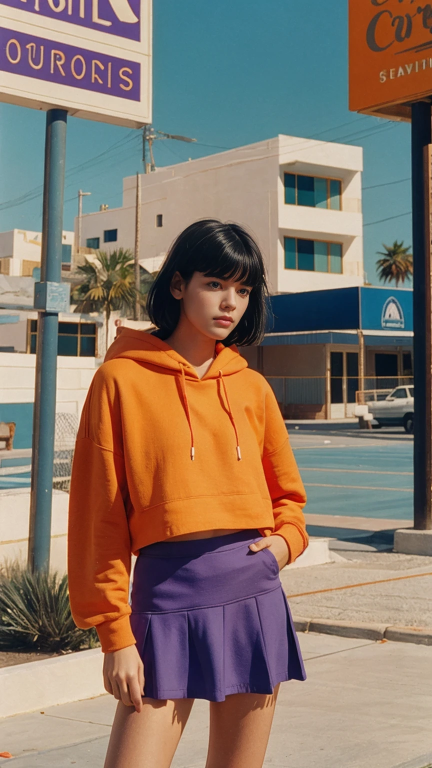 analog film photo cinematic photograph long shot portraits by Wes Anderson, cute 23 yo girl ,fokus, bokeh ,wear ((orange color oversized_hoodie)), wear ((purple tennis skirt)),looking front,Best Quality,Masterpiece,Ultra High Resolution,(Realisticity:1.4),Original Photo, 1Girl, light leak,ultra high resolution,UHD,beautiful, (black bob hair), almond eye, no makeup, in front of (80's mondrian architecture motel), (realistic:1.2), (surreal:1.3), (very detailed:1.1), ((masterpiece)),summer, blue sky, palm trees,sunny, los angles vibes,film camera, 800mm lens,style of Philip Lorca diCorcia