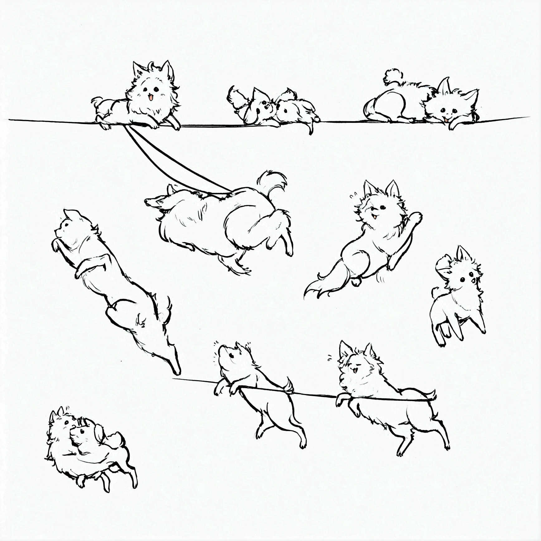 yeh, black andwhite, for drawing, thin-lines, feral, estilo fluffly, fully body, profile body, 4-legged, fluffly, average size, Puppy, 20 models on one paper, different from each other with several different landings, separated from each other in an invisible grid