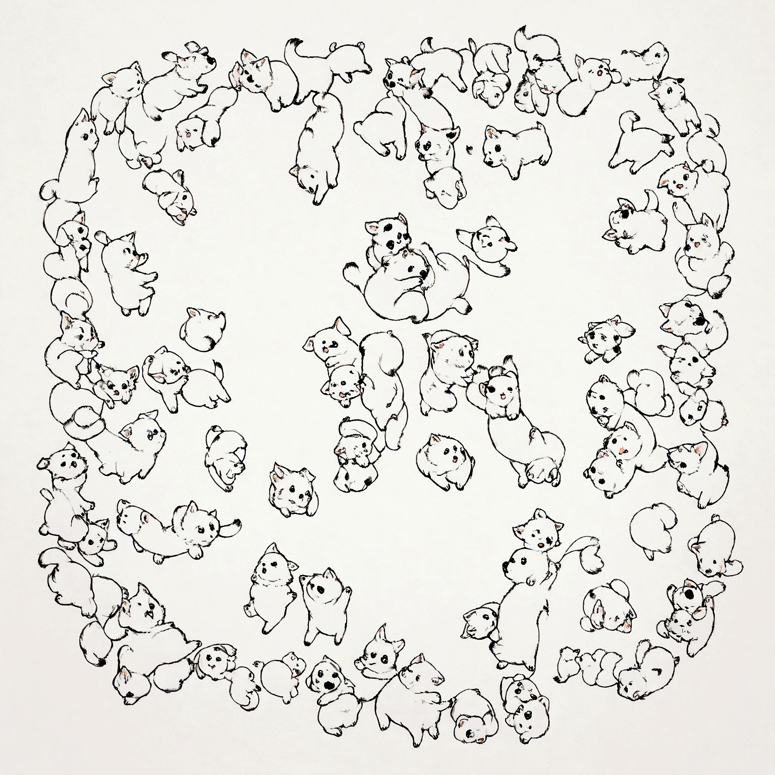 yeh, black andwhite, for drawing, thin-lines, feral, estilo fluffly, fully body, profile body, 4-legged, fluffly, average size, Puppy, 20 models on one paper, different from each other with several different landings, separated from each other in an invisible grid
