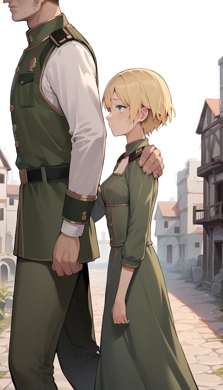score_9, score_8_up, score_7_up, source_anime BREAK
1girl, , _young, from side, small breasts, dirty thorned rog dress, hands on shoulder, hand on another's shoulder, blonde short hair, grey eyes, sad face, town ruins, outdoors, walking, size difference, male modern military uniform, faceless male, male face out of frame