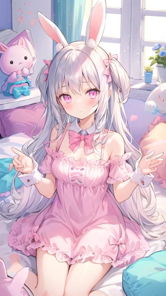 beautiful illustration, best quality, cute girl, bedroom, pastel color, fluffy bunny ears, , silver long hair, rabbit stuffed toy, bright lighting, light pink eyes