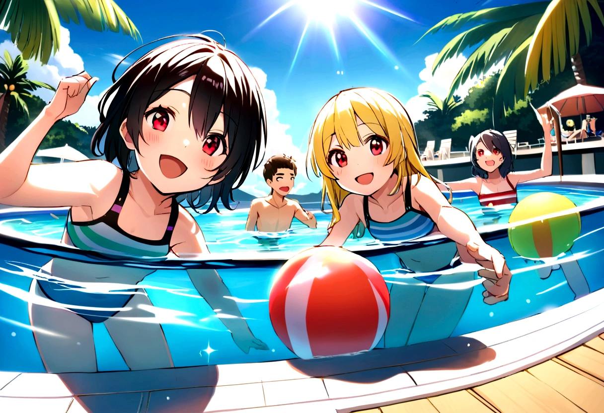 Chibi characters playing in the pool Chibi characters are standing excitedly by the pool. Chibi characters who are good swimmers are depicted happily swimming in the water. On the other hand, the chibi characters who are not good swimmers have fun in the water using floats and water guns. Colorful beach balls and water balloons fly around the pool.