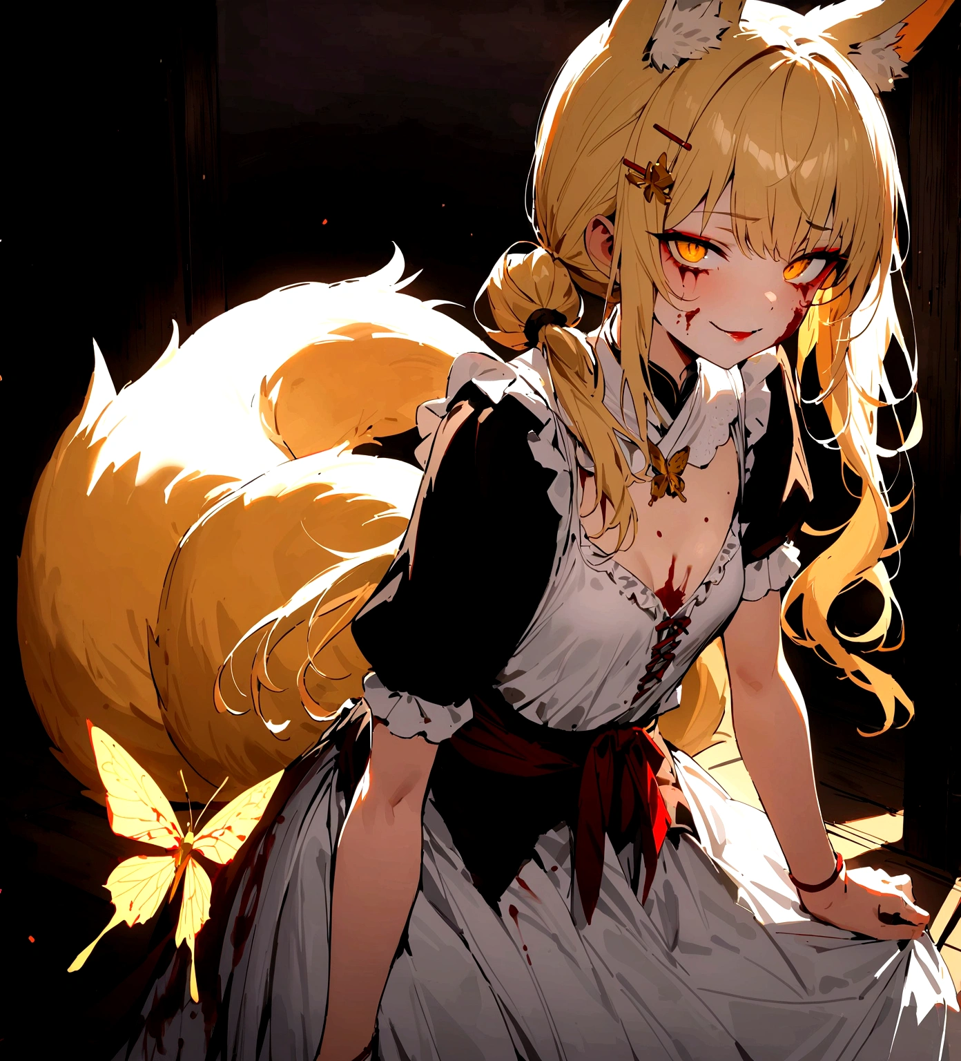 (masterpiece, best quality) junior,detailed, (beautiful,small breasts), blonde,long hair, side ponytail(tied to the left),Hairpin decoration with gold butterfly, elegant, (fox ears),nine tailed fox tail, red eyeshadow, golden eyes, femur，dark night sky,girl,yandere eyes,bloody face,bloody kimono(White Top),Red skirt,Maiden,Bloody(blood on fullbody),bloody ninjatou,evil smile