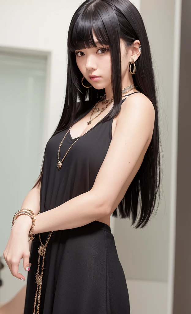  1girl,solo,black hair,long hair,jewelry,bangs,looking at viewer,blunt bangs,summer,