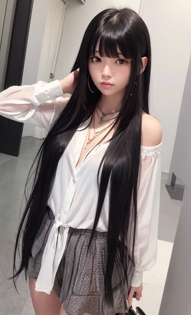 1girl,solo,black hair,long hair,jewelry,bangs,looking at viewer,blunt bangs,summer,