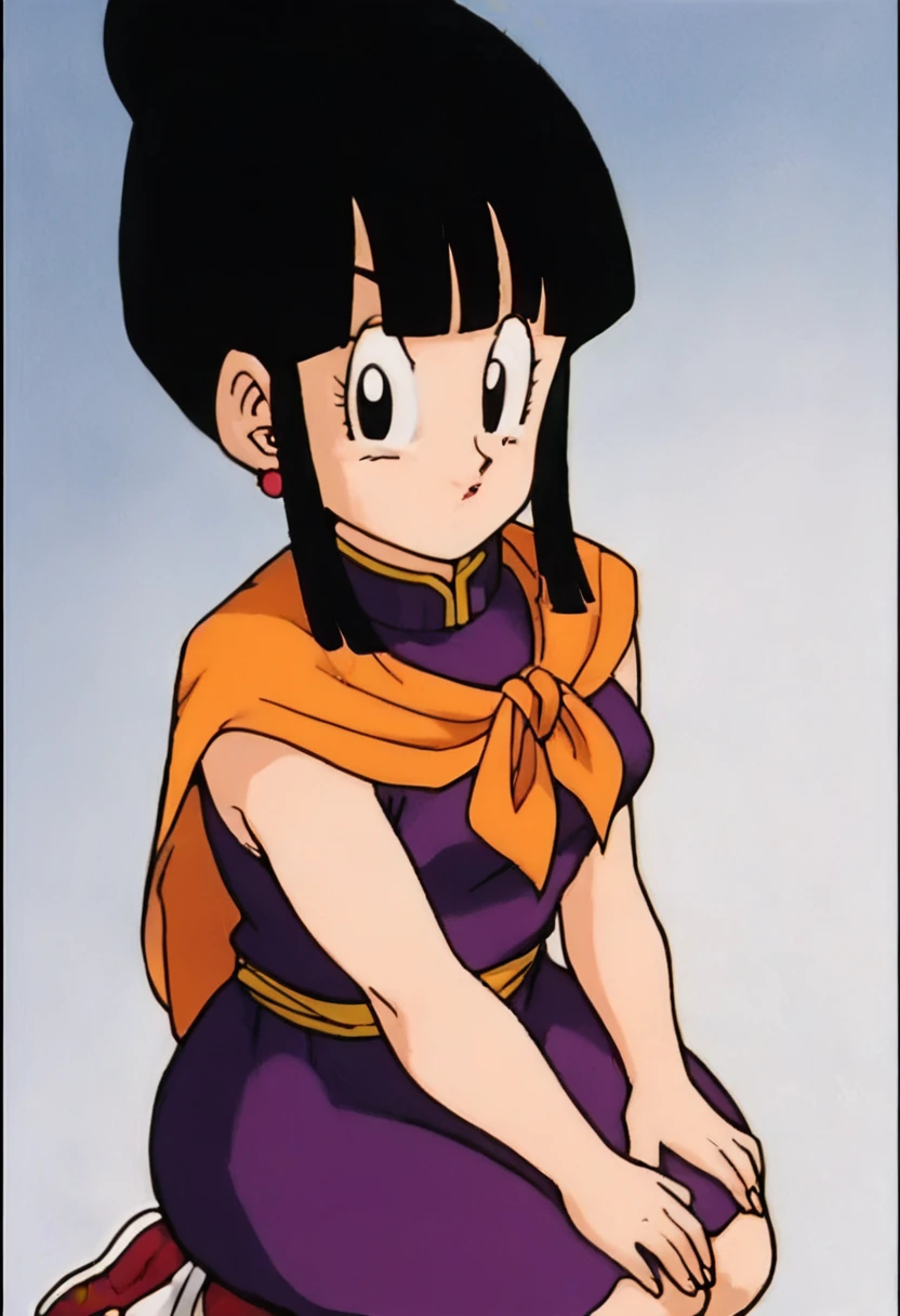 chi-chi, selfie, kneeling, bangs, black hair, sidelocks, hair bun, black eyes, single hair, on the floor, front view, purple dress, retro style, looking at viewer, sitting, orange cape, room, from above, dick flash, foreskin, penis at face