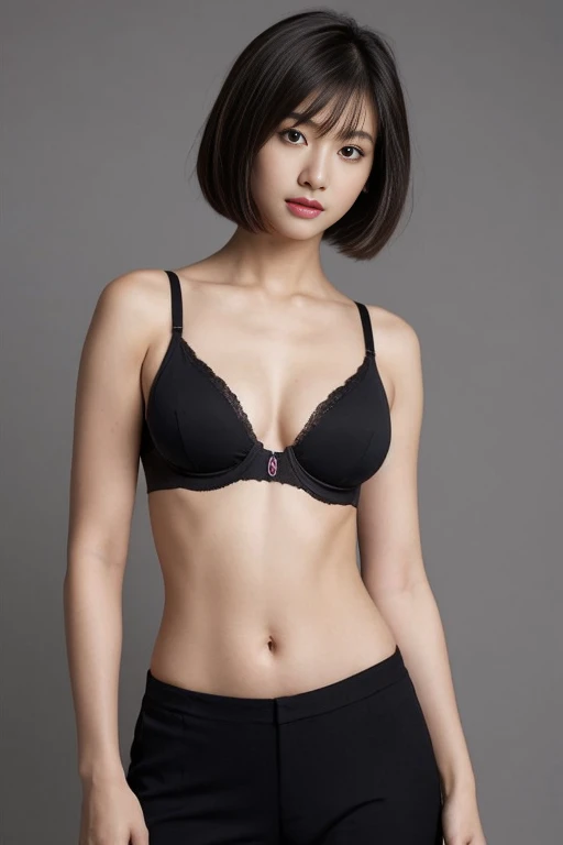 (Color photography), Realistic photos of beautiful Asian people.、Slim stomach, (B Cup Haircut Highlights:1.2), middle of chest, round shaped chest, Perfectly shaped breasts,(( )),((low waist pants, black underwear)), (()), As she confidently poses in front of the camera, , studio lights, gray background, whole body,