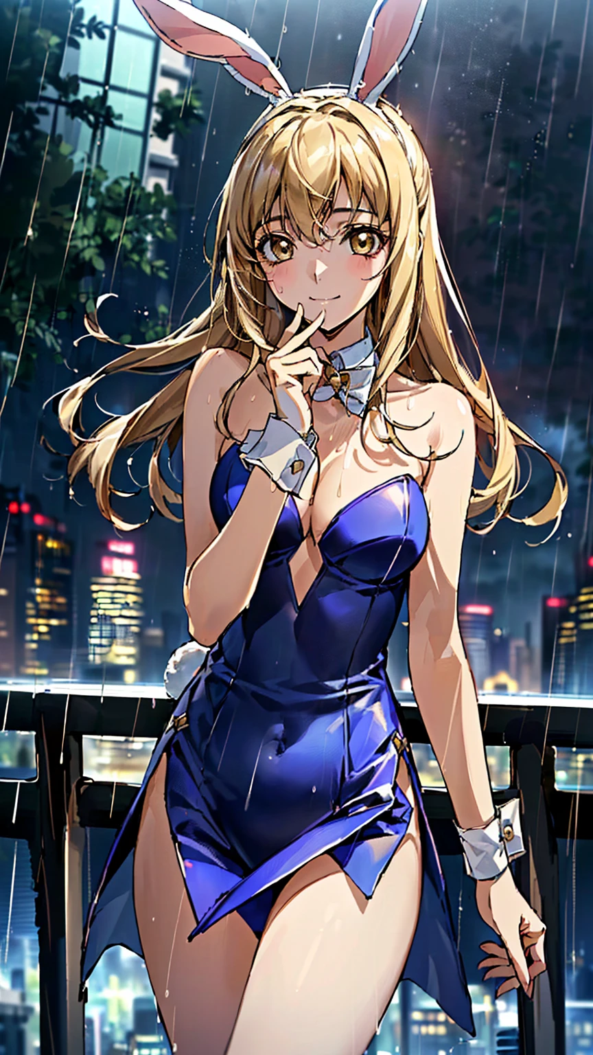 ((Highest quality、、masterpiece:1.3)), Upper Body、Long legs、Sharp focus:1.2, Beautiful woman with perfect figure:1.4、(smile:1.2), double eyelid、30-year-old woman、Sexy pose、((((Shut your mouth.、One Woman、Bunny girl,rain、city))))