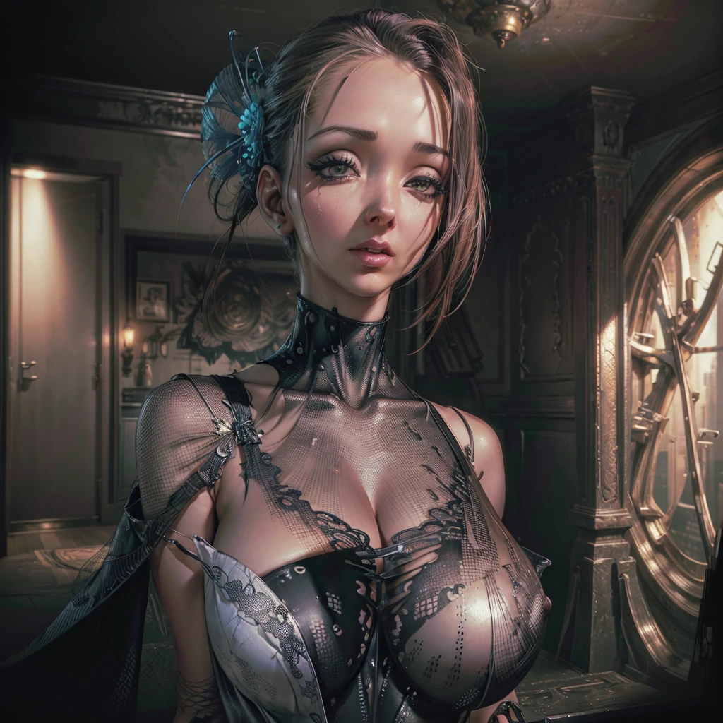 a beautiful cyborg woman, hyper realistic, extremely detailed face and body, beautiful detailed eyes, beautiful detailed lips, extremely detailed face, long eyelashes, giga busty, sheer fishnet gown, neon highlights at joints and eyes, inviting the viewer into her bedroom, price hovers over bed, full body view, cinematic lighting, dark moody atmosphere, dramatic colors, intricate details, award winning digital art, artstation, sharp focus, highly detailed, photorealistic, 8k, masterpiece