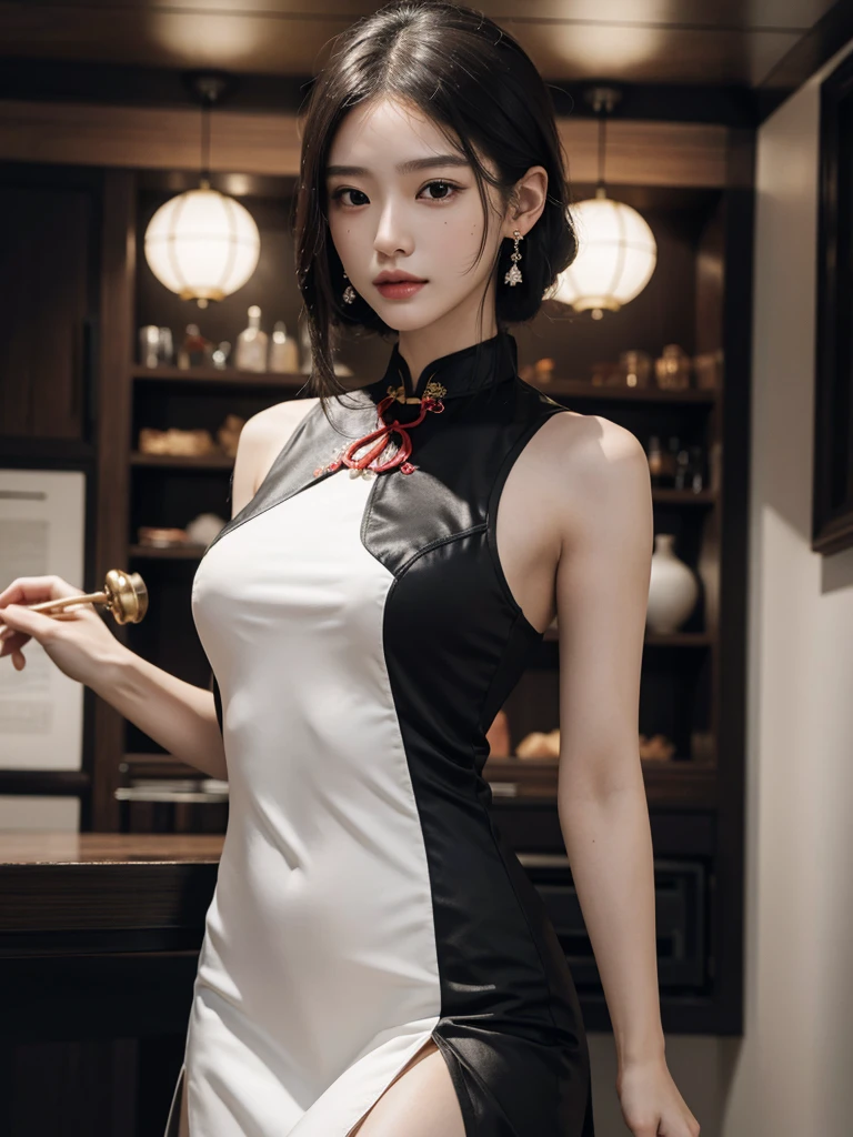 absurdres, RAW photo, extremely delicate and beautiful, masterpiece, Best Quality, ultra high resolution, 32k, hyperrealistic, ultra-detailed, perfect figure, in her 20s, very small head, very small face, delicate facial features, tearful mole, earring, (huge breasts), legs, (full body shot), whole body shot, medium hair, black hair, cheongsam, sleeveless, deep slit,