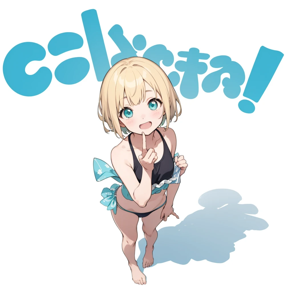 お洒落なPoster、Swimwear、First Job, Better Quality, 1. garota Laughter, Short Mash Hair、Short Hair、Blonde Hair Color、Turquoise Eyes、白色のSwimwear、Poster, Little , Little, Laughter (Solo Girl)、Looking up、The camera is from above、The front hair is straight、Please draw the fingers in detail、Fingers５It&#39;s a book