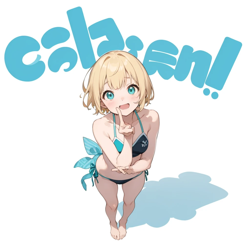 お洒落なPoster、Swimwear、First Job, Better Quality, 1. garota Laughter, Short Mash Hair、Short Hair、Blonde Hair Color、Turquoise Eyes、白色のSwimwear、Poster, Little , Little, Laughter (Solo Girl)、Looking up、The camera is from above、The front hair is straight、Please draw the fingers in detail、Fingers５It's a book