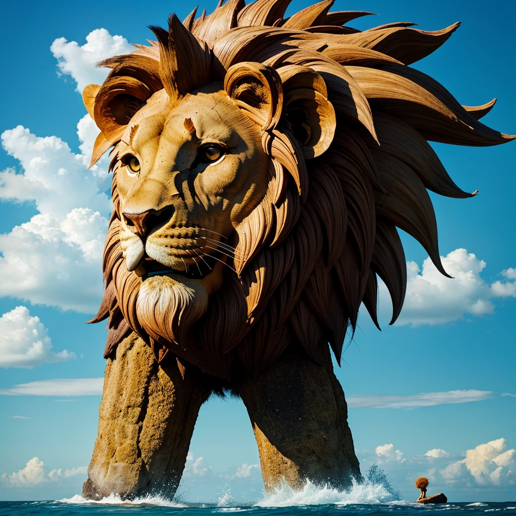 A giant lion head god holdingup an island on his shoulder abd standing on the sea