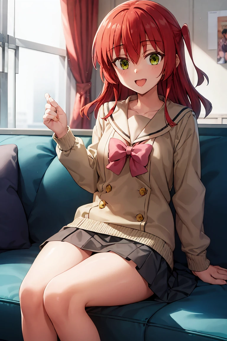 room, 1 Girl, Highest quality, Ultra-high resolution, Long Hair, Redhead, Green Eyes,Sailor suit、mini skirt, Looking at the audience, Small breasts, Sitting on the sofa, , smile, Open your mouth,