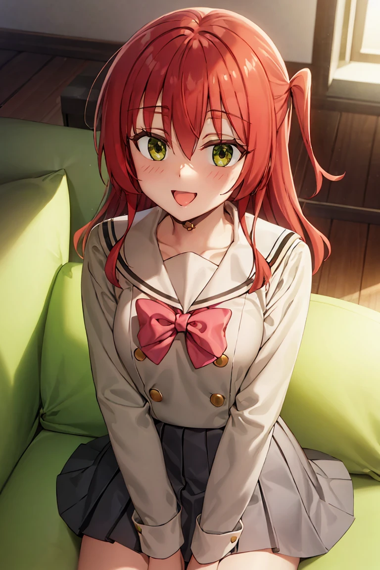room, 1 Girl, Highest quality, Ultra-high resolution, Long Hair, Redhead, Green Eyes,Sailor suit、mini skirt, Looking at the audience, Small breasts, Sitting on the sofa, , smile, Open your mouth,