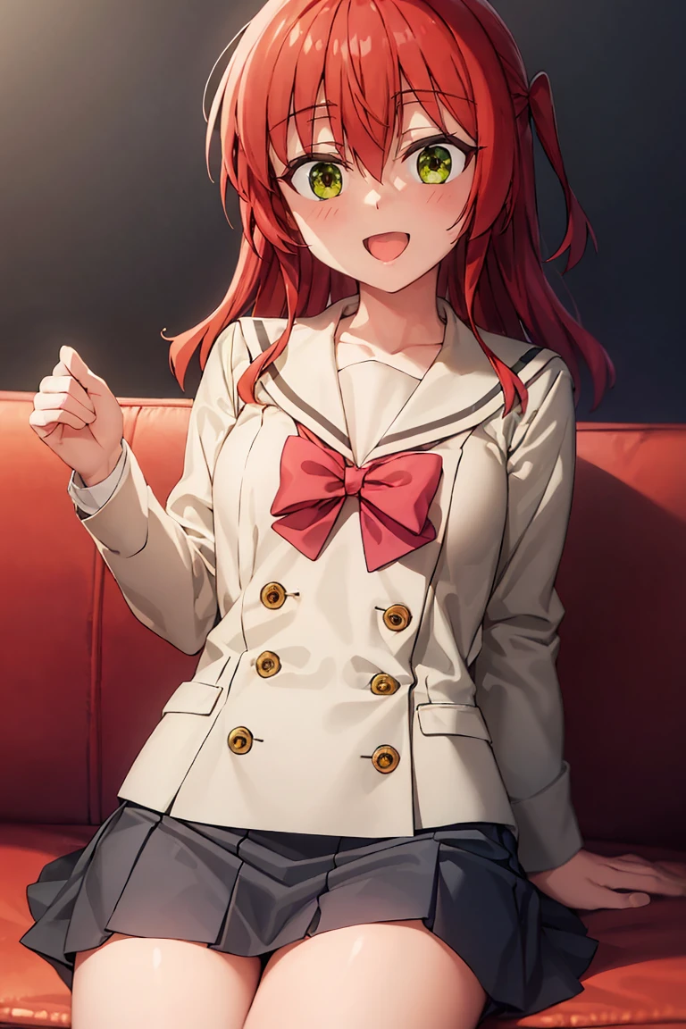 room, 1 Girl, Highest quality, Ultra-high resolution, Long Hair, Redhead, Green Eyes,Sailor suit、mini skirt, Looking at the audience, Small breasts, Sitting on the sofa, , smile, Open your mouth,