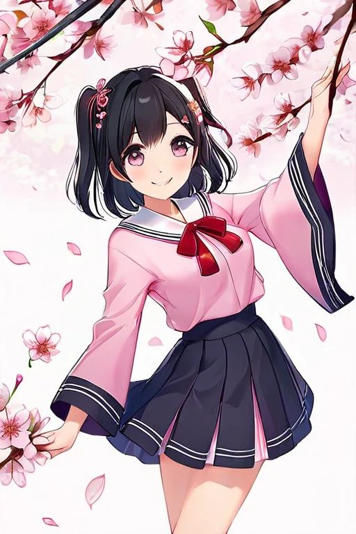 Black Hair、Two Side Up、semi-long、smile、beauty、Less exposed skin、cherry blossoms、Cute clothes、