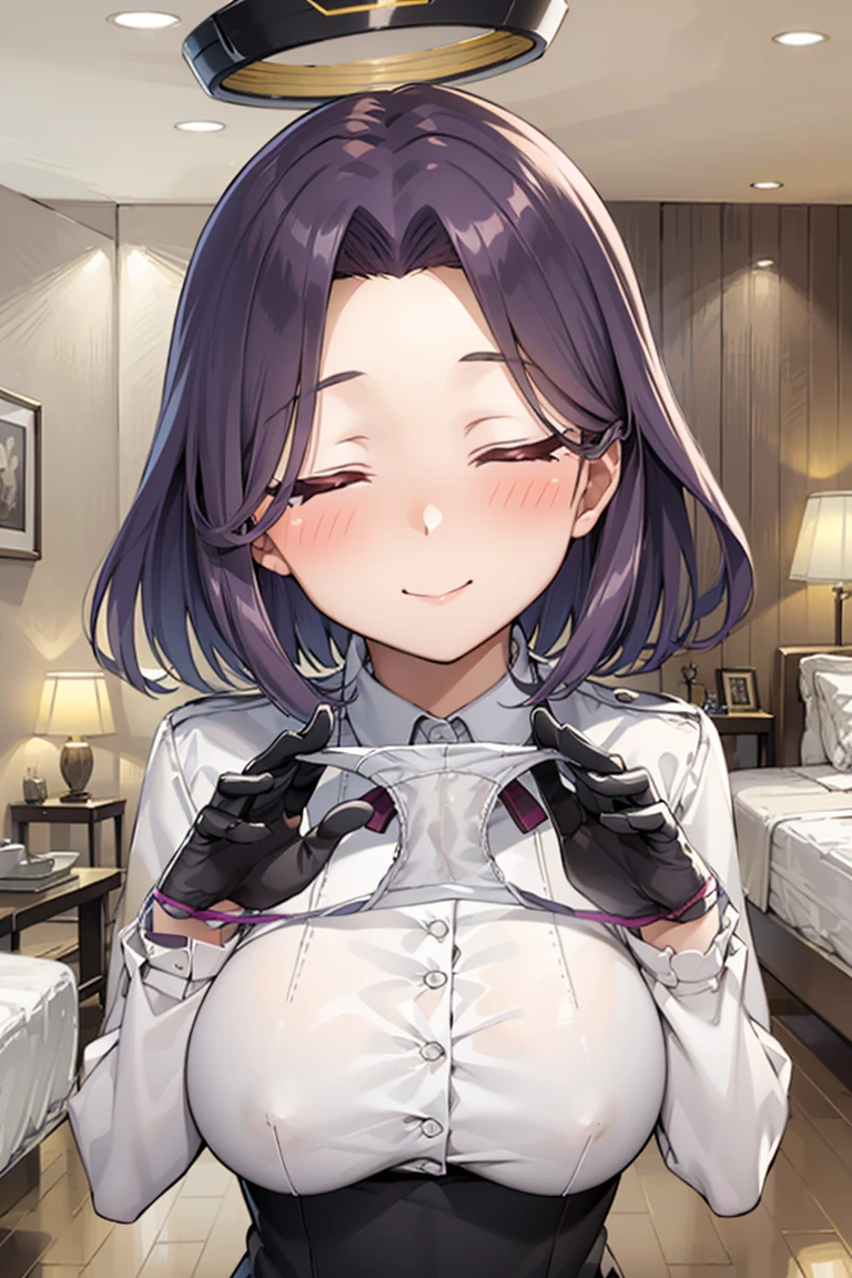 Artats, Mechanical halo, Large Breasts, Black Dress, Neck ribbon, Long sleeve, Black Gloves Break
(Browsing Caution), One girl, Panties as a gift, White panties, Holding,Holding panties, Upper body break
(A shy smile:1.2), (blush:1.2), Half-close your eyes, Happy, :b BREAK Anime Style, Official Art, finest masterpiece, Highest quality, Highest Resolution, 8K, Most detailed, Perfect Anatomy, Blake in an oil painting style bedroom, Old Japanese house, Dust, Dust, Highly detailed and very beautiful 16K CG wallpaper