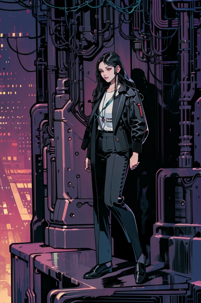 (nonsense, height, Very detailed, realistic, ), 1 18 years old,girl, alone, elegance, long black hair, suit,Crimson eyes, (earphones),cyberpunk city background, Very detailed, best quality, Detailed diagram, is a vector, 8K, graphic design, Vector Lines, Full HD,full body