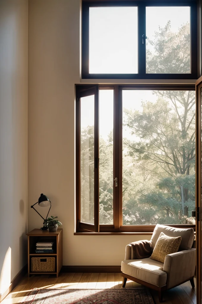 A cozy room with soft morning light filtering through the window.