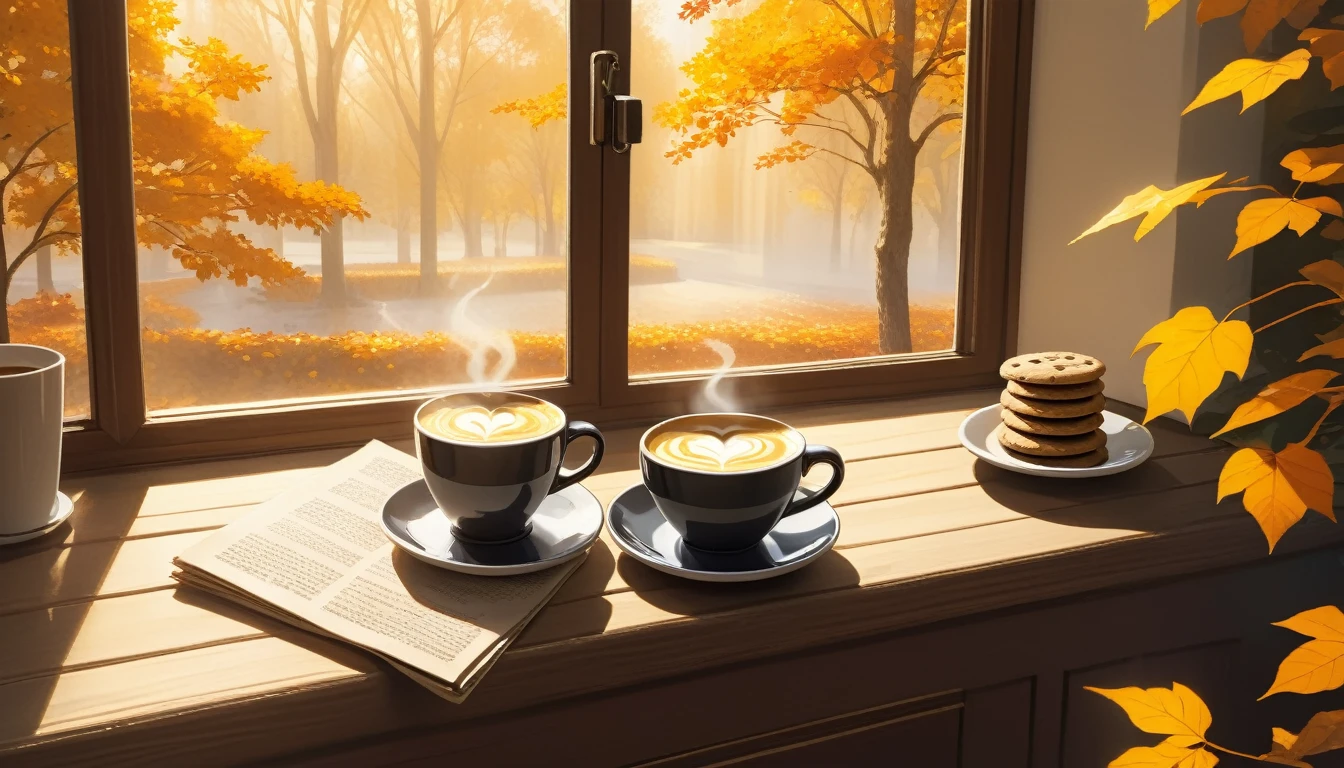 Make a picture of a cozy autumn morning scene featuring a steaming cup of coffee with heart-shaped latte art on it, placed on a wooden windowsill. This cup of coffee is accompanied by three small cookies on a plate and surrounded by bright yellow and orange leaves falling from the nearby trees, which are visible through the window. Warm sunlight filters through the leaves, casting dappled shadows all around, enhancing the warmth of the scene. Beside it, there is an open newspaper with visible, but unreadable writing, adding to the relaxed atmosphere of a quiet morning indoors.