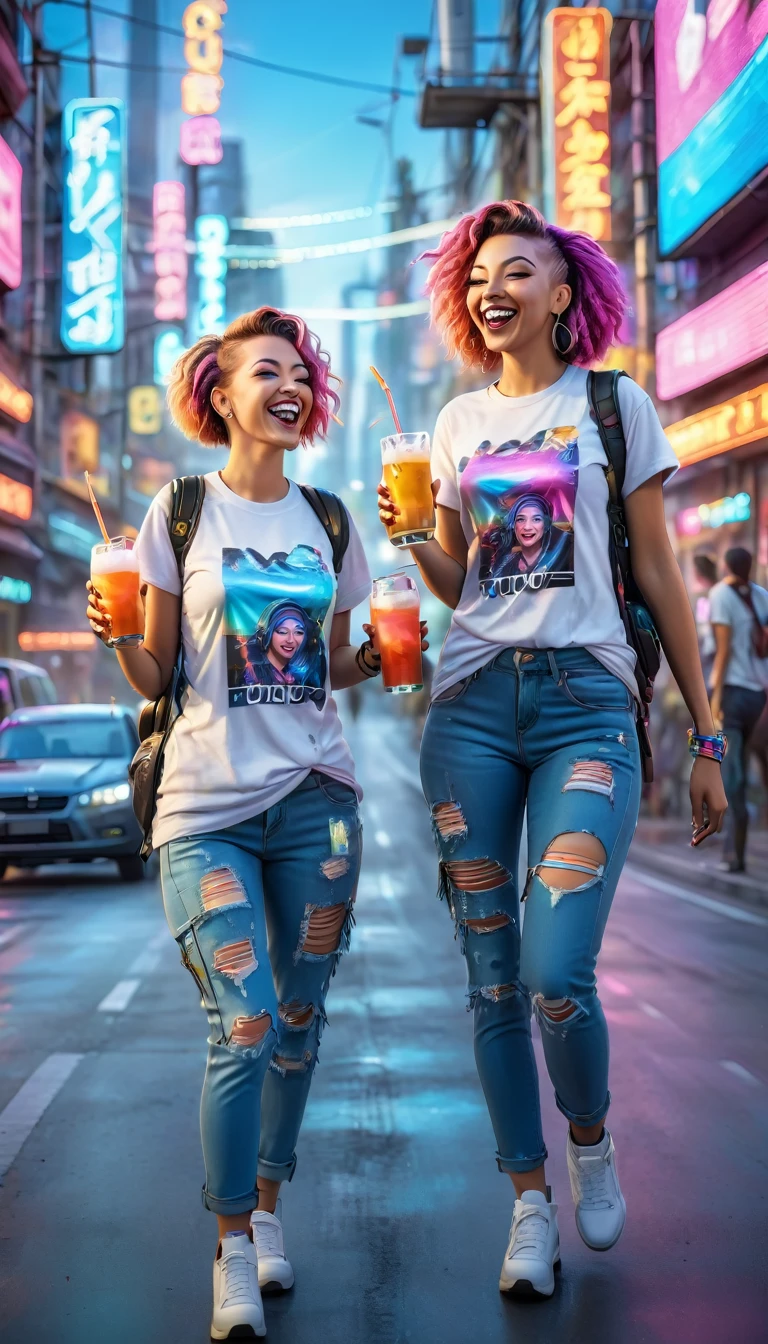 adult women dressed in urban clothing t-shirts, In an urban landscape and holographic signs, HAPPY on the road. are drinking and laughing, The background is modern and cyberpunk, high tech vibe. Lovely Digital Painting, 3D rendering, Bright lighting, swirly vibrant colors. adult people, pessoas bonitas, different faces.