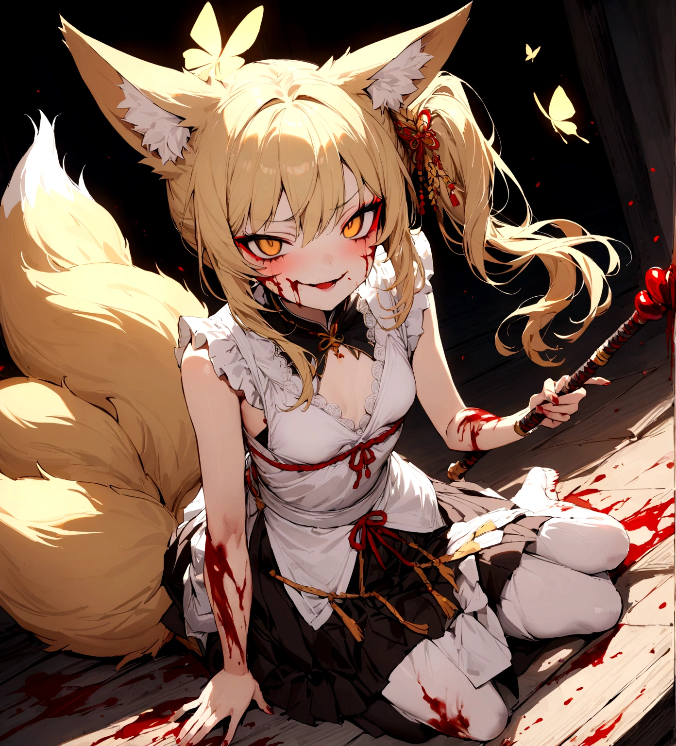 (masterpiece, best quality) junior,detailed, (beautiful,small breasts), blonde,long hair, side ponytail(tied to the left),Hairpin decoration with gold butterfly, elegant, (fox ears),(fox tail)nine tailed fox tail, red eyeshadow, golden eyes, femur，dark night sky,girl,yandere eyes,bloody face,bloody kimono(White Top),Red skirt,Maiden,Bloody(blood on fullbody),bloody ninjatou,holding a weapon,evil smile