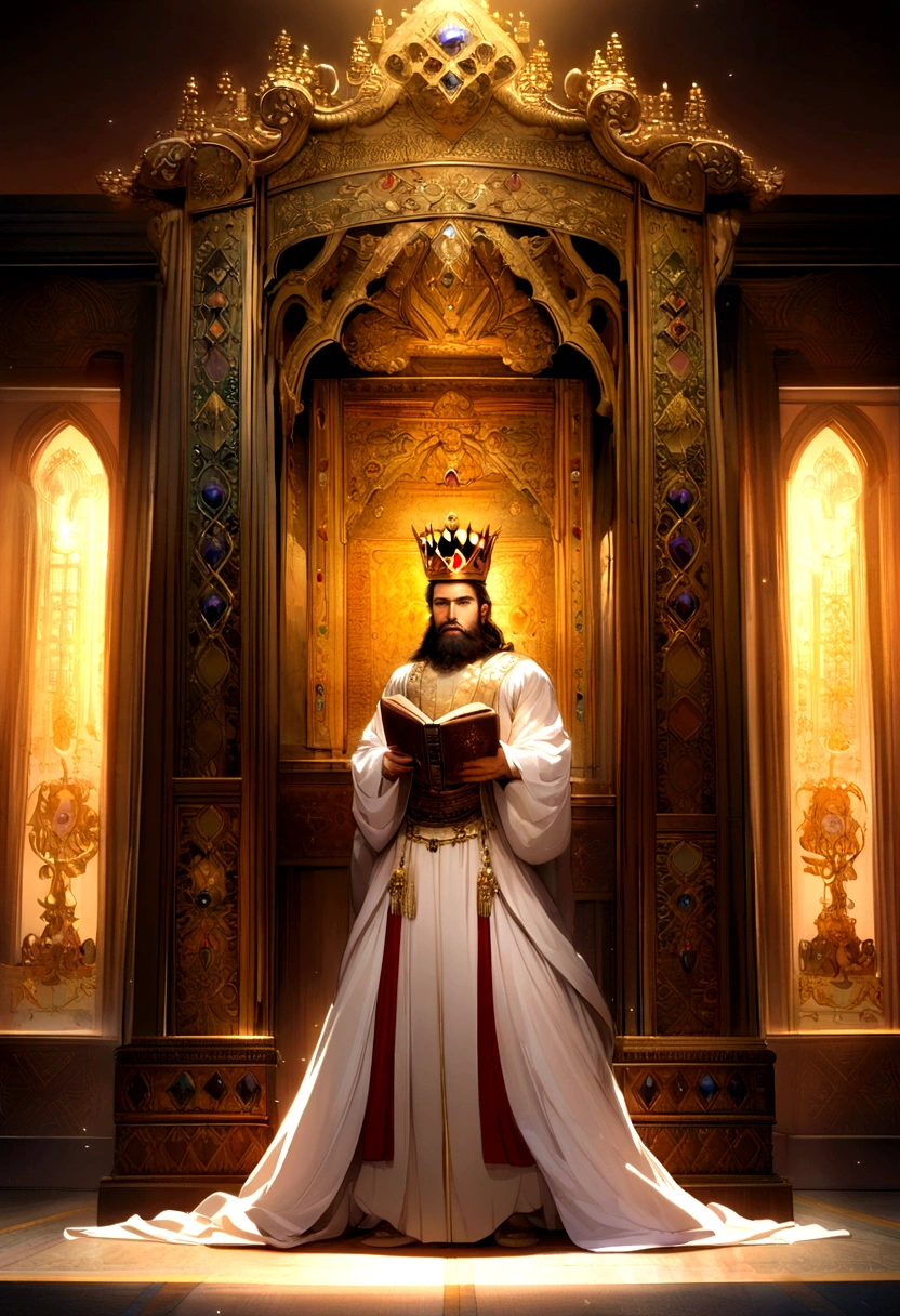 naughty man, King David, anime styling, with medium beard, (dark brown hair and beard), eyes browns, White dress and red tonic, ((with a king's crown on his head with 12 precious stones of different colors)), reading an old book, looking at an open old book, intricate, chic, majestic, background an interior of a golden palace (work of art, side lighting, beautiful finely detailed eyes: 1.2), hdr