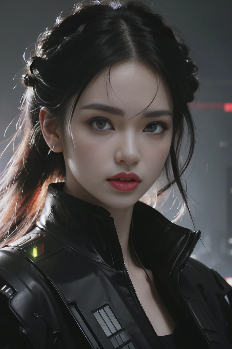 Game art，The best picture quality，Highest resolution，8K，(A bust photograph)，(Portrait)，(Head close-up:1.5)，(Rule of thirds)，Unreal Engine 5 rendering works， (The Girl of the Future)，(Female Warrior)， 22-year-old girl，(White and red gradient，Ancient Oriental hairstyle)，((The pupils of the red eyes:1.3))，(A beautiful eye full of detail)，(Big breasts)，(Eye shadow)，Elegant and charming，indifferent，((Anger))，(Cyberpunk jacket full of futuristic look，Joint Armor，There are exquisite Chinese patterns on the clothes，A flash of jewellery)，Cyberpunk Characters，Future Style， Photo poses，City background，Movie lights，Ray tracing，Game CG，oc rendering reflection pattern