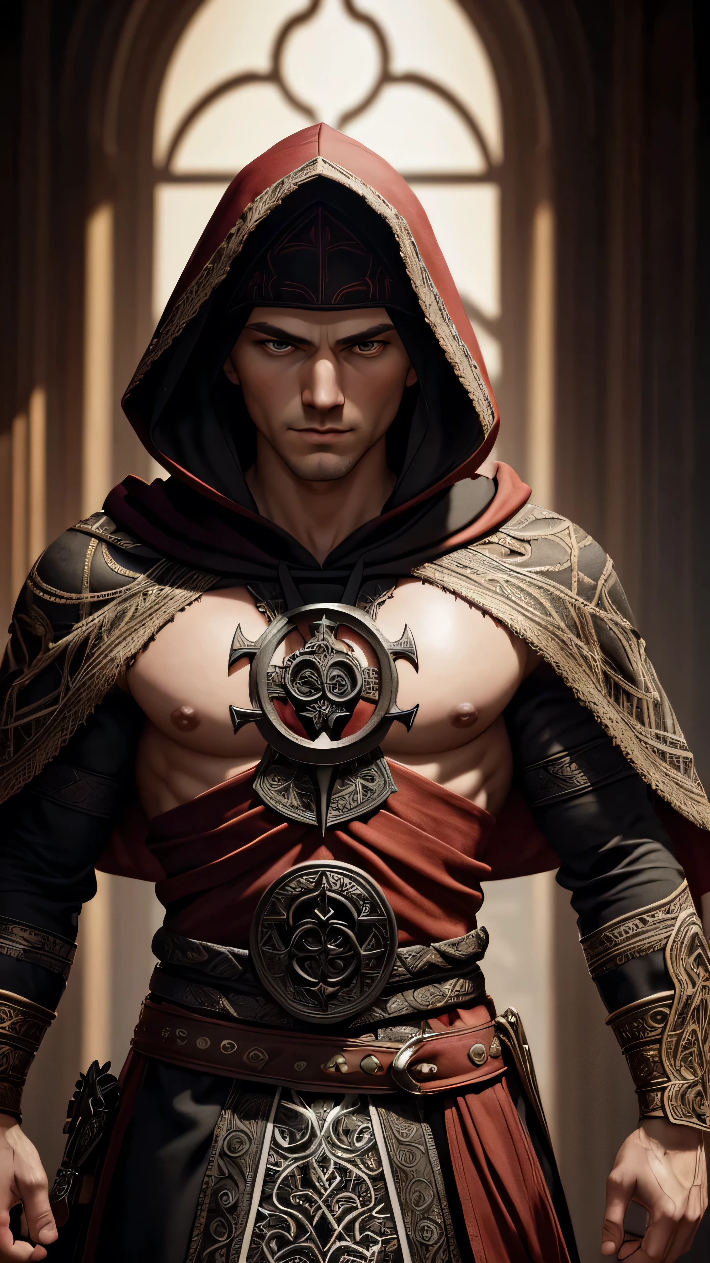 analog style, ((intricate details)), dark lighting, (cultist), (hero), (general), (intricate), 1male, solo, ((white pale skin)), ((naked torso)), (puny), ((intricate black hood)), ((red patternd)), (belts), dynamic pose, intricate, complex, Helios 44-2, swirly bokeh, trending on artstation, sharp focus, studio photo, intricate details, highly detailed, sharp, dnd character portrait, (oil on canvas), perfect lighting, Masterpiece, detailed background, portrait by artgerm and greg rutkowski, cinematic lighting, 8k